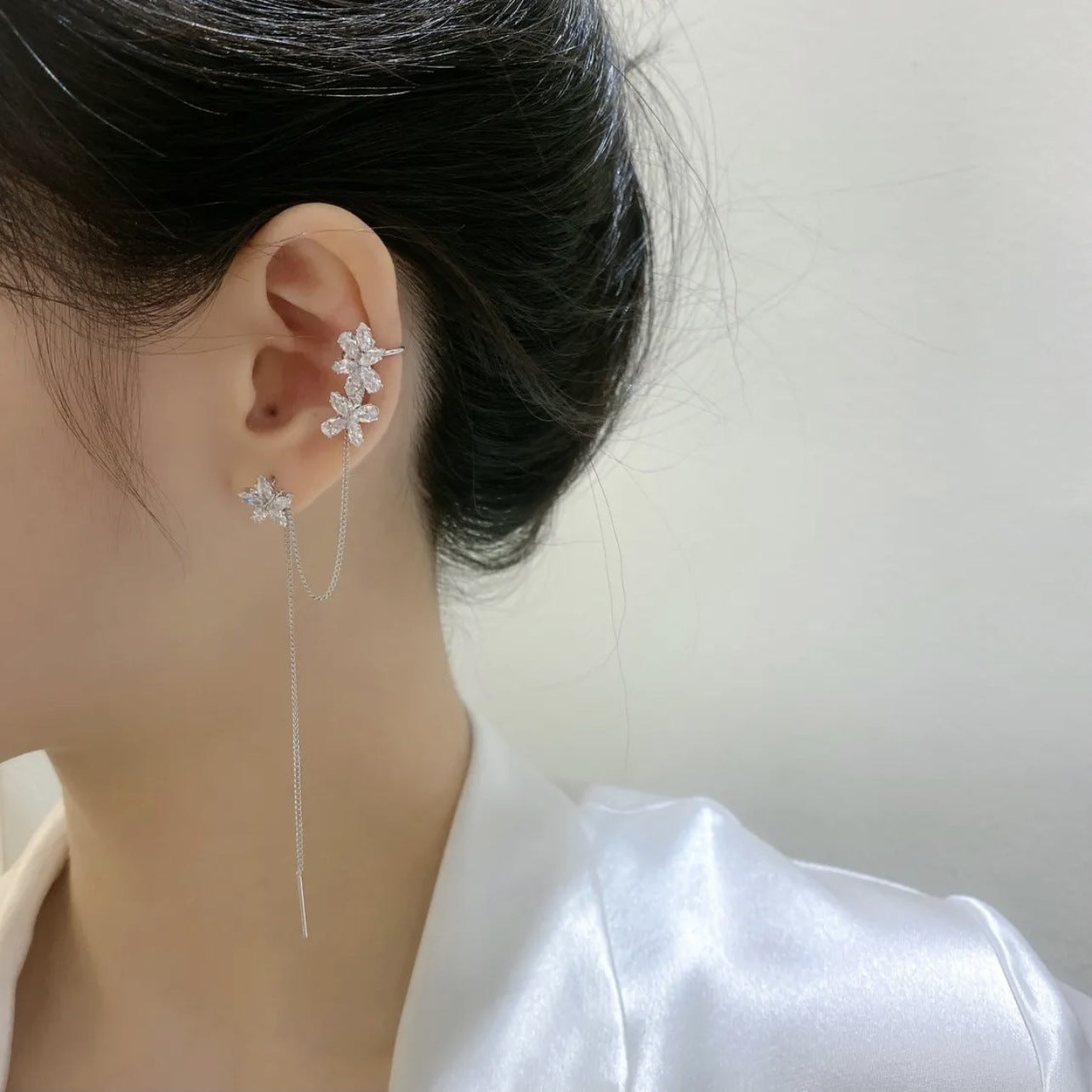 Temperament Flower Zircon Long Chain Ear Cuff Earrings