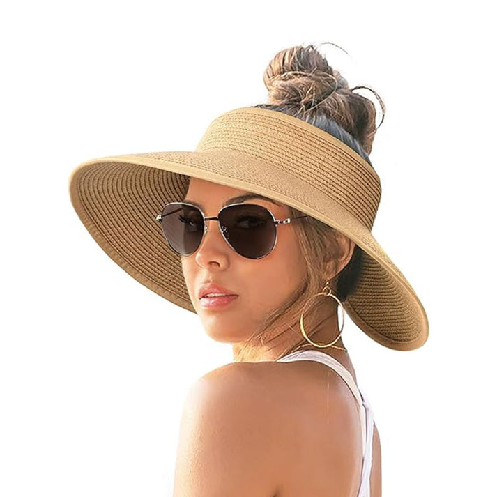 👒Sun Hats Women Chapeau Beach Cap Visor Wide Brim Straw Roll-Up Ponytail UV UPF