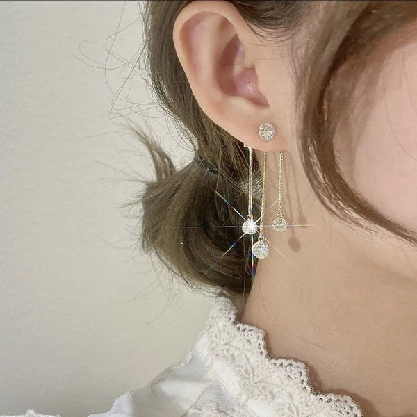 Three Diamond Long Chain Tassel Earrings