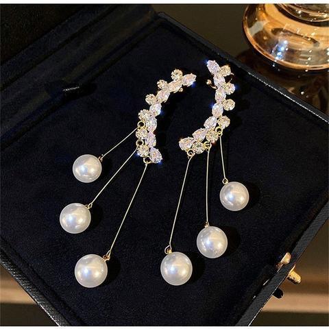 Diamond Tassel Pearl Ear Clip Integrated Non-Piercing Earrings
