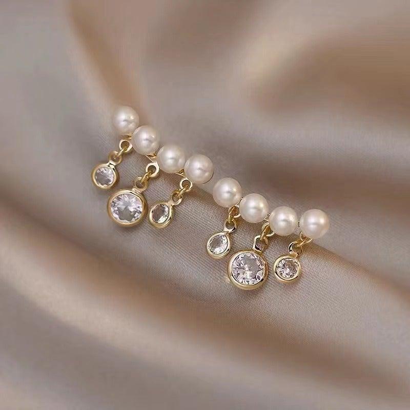Korean Style Curved Pearl Tassel Earrings