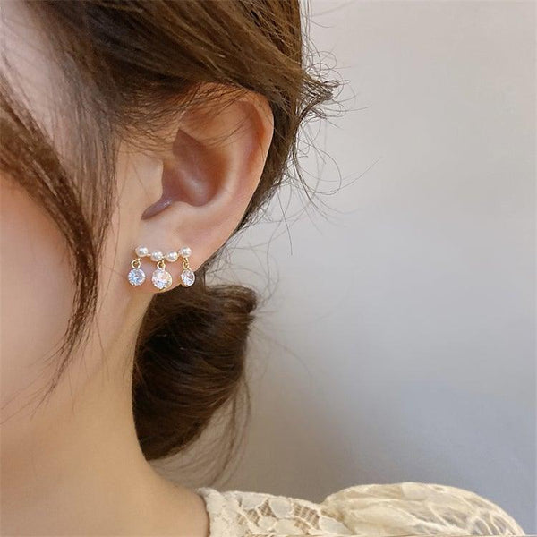 Korean Style Curved Pearl Tassel Earrings