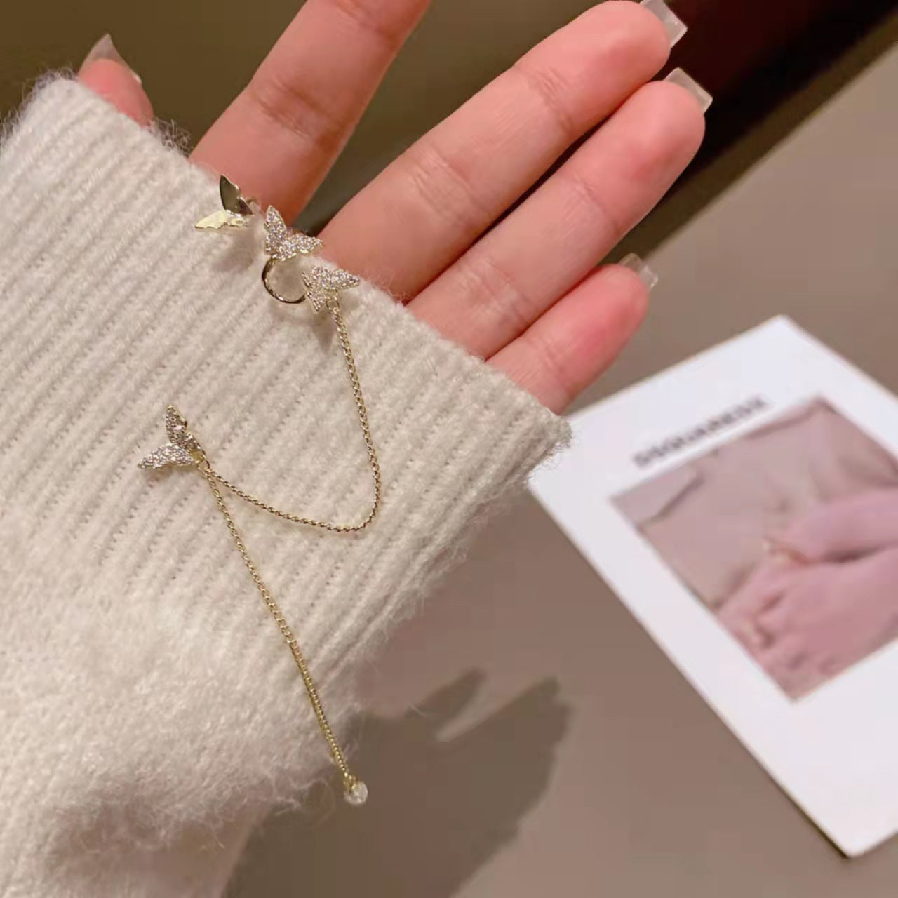 Long Chain Butterfly Ear Bone Clip Ear Chain Earrings