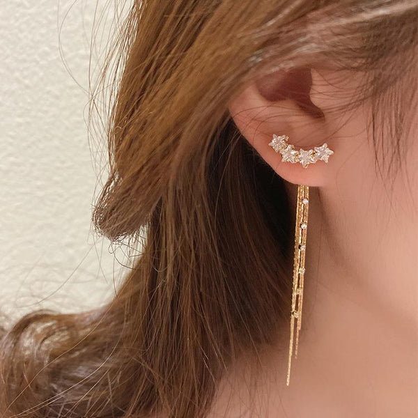 Pentagram Zircon Tassel Long Chain Earrings