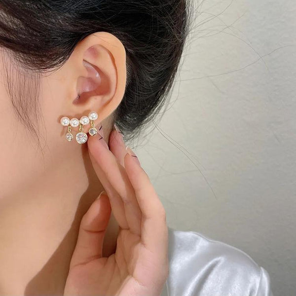 Korean Style Curved Pearl Tassel Earrings