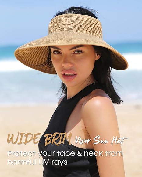 👒Sun Hats Women Chapeau Beach Cap Visor Wide Brim Straw Roll-Up Ponytail UV UPF
