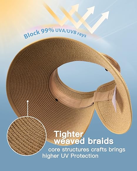 👒Sun Hats Women Chapeau Beach Cap Visor Wide Brim Straw Roll-Up Ponytail UV UPF