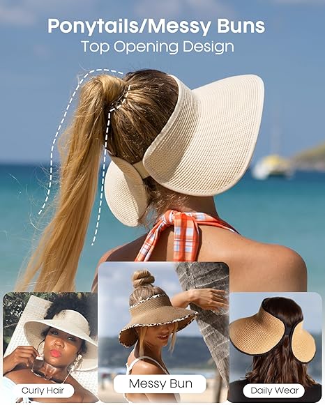 👒Sun Hats Women Chapeau Beach Cap Visor Wide Brim Straw Roll-Up Ponytail UV UPF