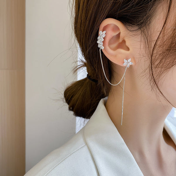 Temperament Flower Zircon Long Chain Ear Cuff Earrings