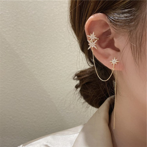 Zircon Octagon Long Chain Clip Earrings