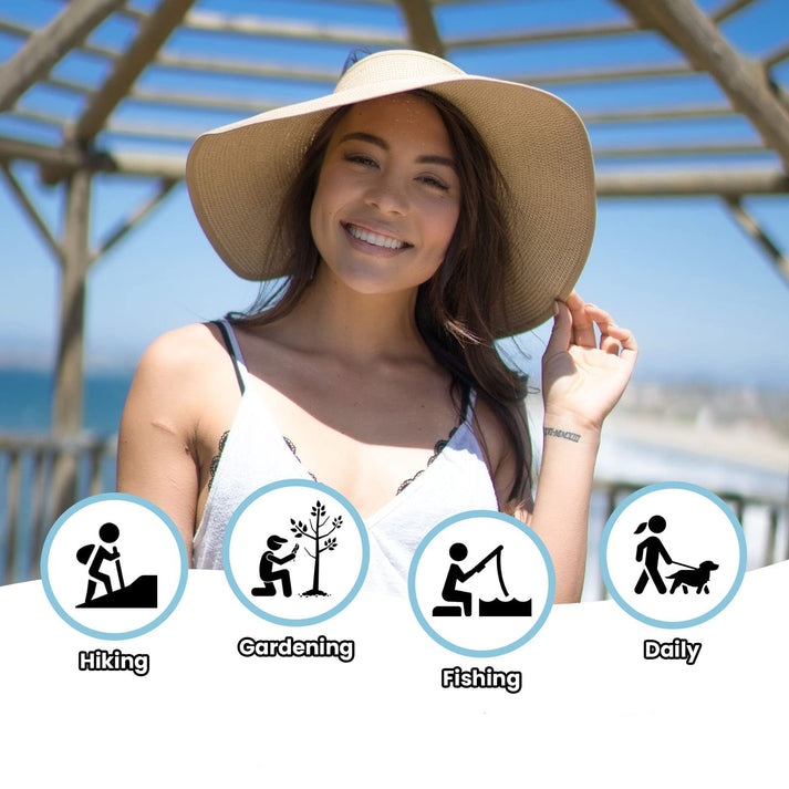 👒Sun Hats Women Chapeau Beach Cap Visor Wide Brim Straw Roll-Up Ponytail UV UPF