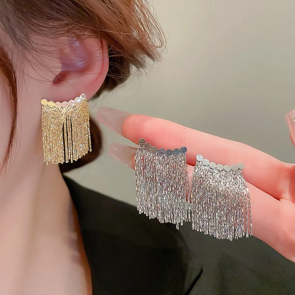 Curved Bar Long Tassel Earrings